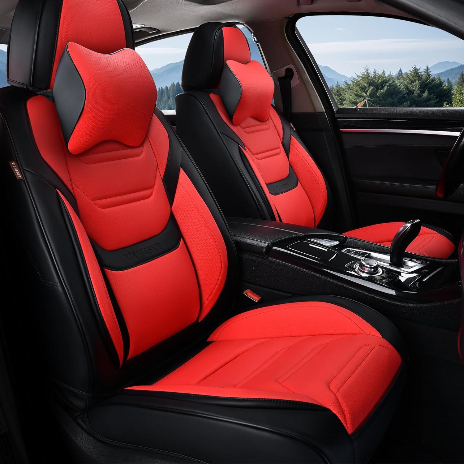 Car Seat Covers Full Set, Breathable Leather Automotive Front and Rear Seat Covers & Headrest for Reduce The Driving Fatigue, Compatible with Most Vehicles, Cars (Black&Red, Front Pair)