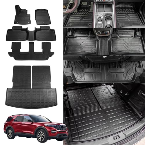 Rongtaod Floor Mats Compatible with 2020-2025 2026 Ford Explorer 7 Seats Cargo Mat Cargo Liner Trunk Liner Back Seat Cover Protector 2024 Explorer Accessories (Trunk Mat with Backrest Mat+Floor Mats)