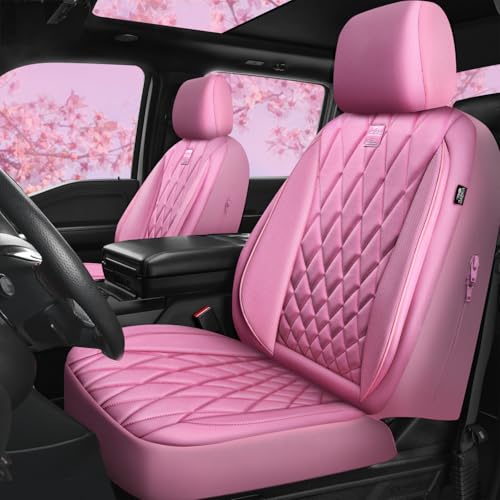 CAR PASS Piping Luxury Leather Two Front Car Seat Covers, Cute Girly Waterproof Anti Slip Seat Covers Compatible with Front Seat Armrests,Universal Fit for Suvs,Vans,Trucks,Airbag Compatible(All Pink)