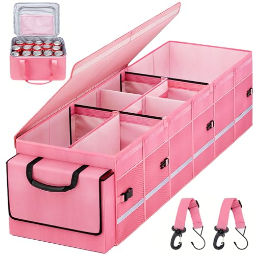 Car Trunk Organizer and Storage with Lid & Removable Leakproof Cooler Bag, Customized Space Pink Car Interior Accessories for Women Collapsible Large Trunk Organizers for Sendan SUV, Jeep, MPV, BMW
