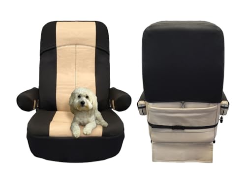 RV Designer GripFit+ Motorhome Seat Covers 1-Pack C893 - Premium 100% PVC Leatherette Class-A RV - Pet-Friendly, Easy-to-Clean, Durable, Fire Retardant - Side Pockets  Black and Tan
