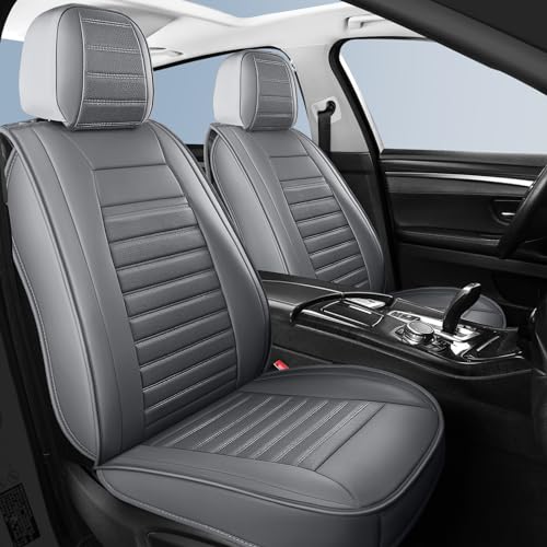 Leather Car Seat Covers,Waterproof Horizontal Stripes Front and Rear Car Seat Cover,Breathable Automotive Seat Covers for Sedan SUV Pick-up Truck(Style2,5 PCS Full Set,Grey)
