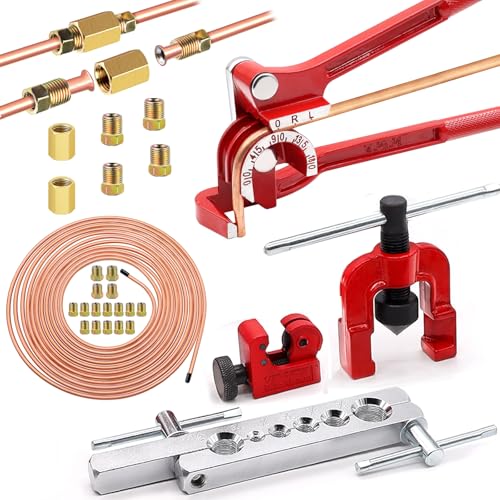 Tnisesm 3/16Inch Brake Line kit Include Copper-Plated Brake Lines with Fitting (16Pcs Fittings,2Pcs Unions+4Pcs Nut) Brake line Bender Single Flare Tool,Cutter 3/16Inch Brake line kit