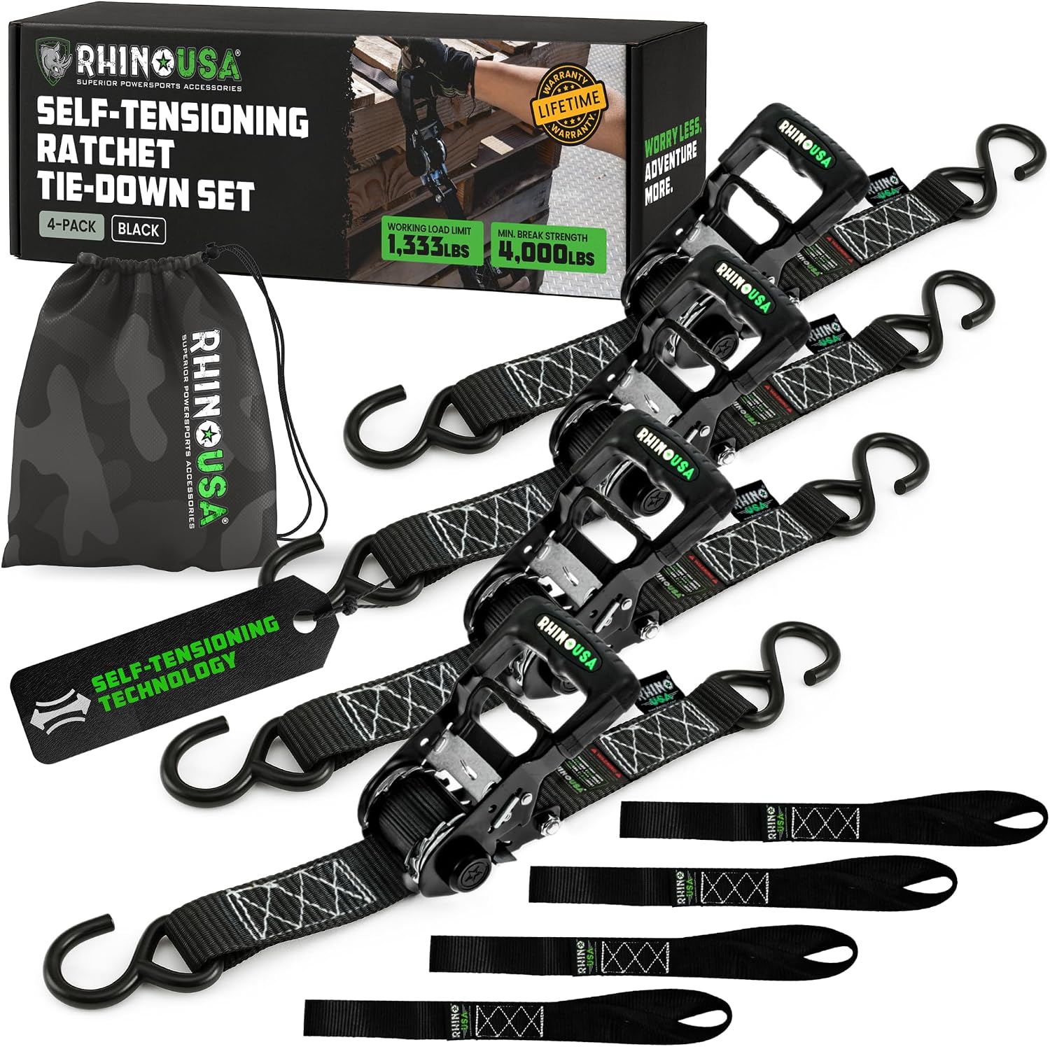 Rhino USA Self Tensioning Ratchet Tie Down Straps (4PK 1.6INX8FT)