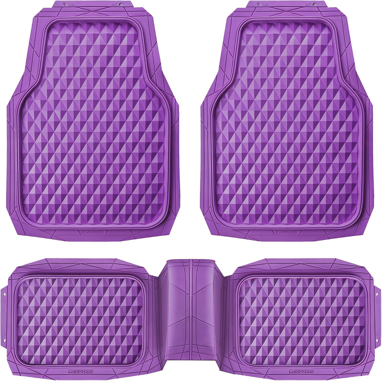CAR PASS Heavy Duty Rubber Car Mats, Deep Dish All-Weather Floor Mat for Car Full Set Durable Anti-Slip 3D Rhombus Waterproof Trim to Fit Liner Universal Fit Automotive,Sedan,SUV,Truck, 3 Pcs Purple