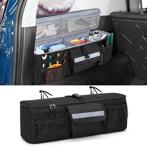 Car Trunk Organizer Compatible with Toyota FJ Cruiser 2007-2021, Rear Storage Bag with 3 Pieces of 1.5 Wide Hook&Loop Tapes, 2 Adjustable Hanging Loops, Multiple Pockets, Black