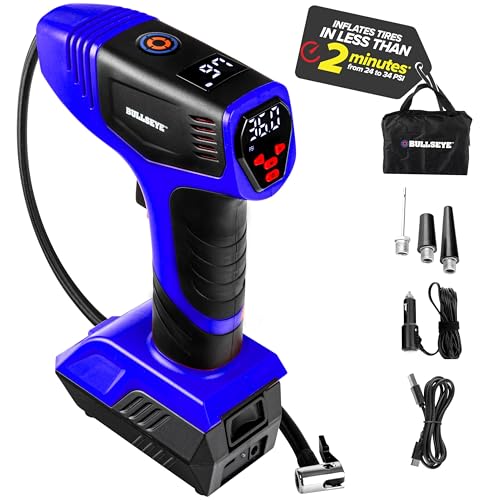 Bullseye Pro Tire Inflator Portable Air Compressor, Car Tire Inflator Portable, Portable Air Pump for Car Tires - 150PSI, 12V DC 1500 mAhs with Tire Pressure Gauge, Rechargeable As Seen On TV(Blue)