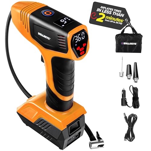 EMSON Bullseye Pro ASON TV Digital Tire Inflator Automatic 150 PSI w/Gauge Display Screen & Pre-set Pressure in KPA,PSI,BAR,Kg/cm,Built-in LED Lights,Rechargeable,Air Compressor,Car Tire Pump,Orange