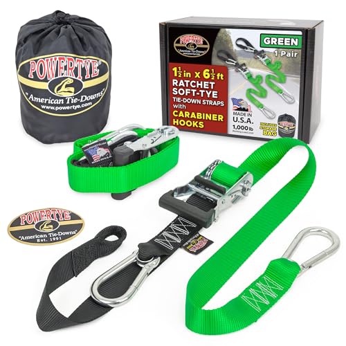 PowerTye - Made in USA - Heavy Duty Ratchet Tie Down Straps with Carabiner Hooks, Soft-Tye & Storage Bag, for Motorcycle, ATV, Trailer & Cargo, 1,000 lb WLL, 1.5 inch x 6.5ft Long, Green/Black (Pair)