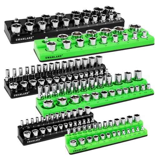 Magnetic Socket Organizer Set, 6-piece 1/4", 3/8", 1/2" SAE & Metric Sockets Holder, Drive Socket Trays, Storage Tool Box, Holding 143 Slots, Soft Rubber Covering Black Green Tools