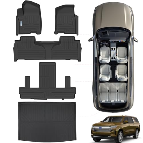 Floor Mats for 2021-2024 2025 Chevrolet Suburban 7 Seats (2nd Row Bucket Seats)(not fit 8 Seats)/ GMC Yukon XL(Only XL) & Trunk mat TPE Floor Liners & Cargo Liner for Chevy