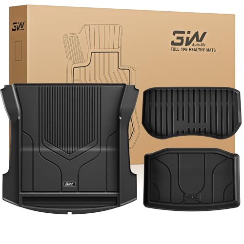 3W Tesla Model 3 2021-2023 Cargo Liner with Front & Rear Trunk Mats TPE All Weather Custom Anti-Slip Accessories Black
