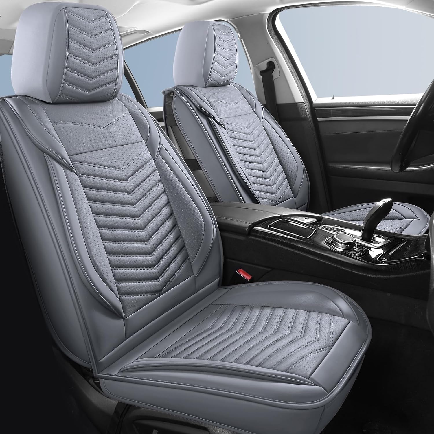 Leather Car Seat Covers,Breathable and Waterproof Faux Leather Automotive Seat Covers for Cars,Universal Driver Seat Cover for Most SUV Truck Sedan(Style1,2 PCS Front Seat,Grey)