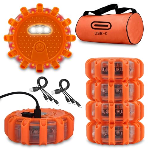 USB-C Rechargeable LED Road Flares Emergency Lights-Large Capacity (Lithium Battery) 3 in 1 cable Roadside Warning Car Safety Beacon Flashing Disc Kit with Magnetic Base for Vehicles