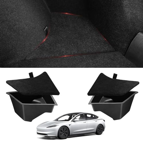 BASENOR 2025 Tesla Model 3 Highland Trunk Organizer Waterproof Rear Trunk Storage Bins Side Box with Carpeted Lip for 2025 2024 Model 3 Interior Accessories Set of 2