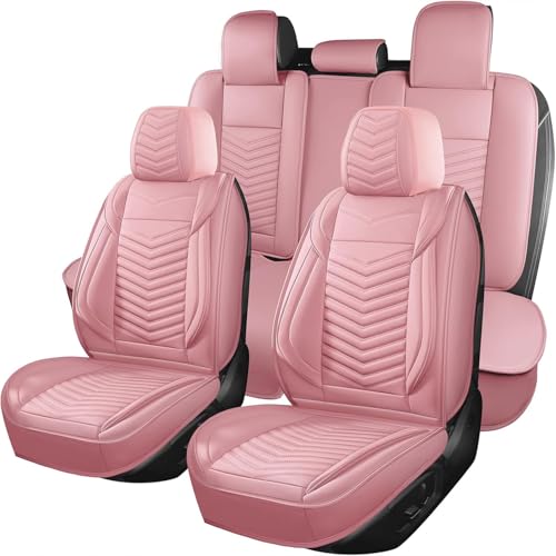 Car Seat Covers Full Set,Breathable and Waterproof Automotive Leather Vehicle Cushion Covers,Universal Anti-Slip Seat Covers for Most Cars SUV Truck Sedan(Style1,5 PCS Full Set,Pink)