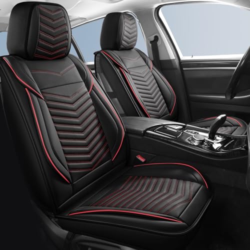 Car Seat Covers,Breathable and Waterproof Leather Seat Covers for Cars,Universal Anti-Slip Driver Seat Cover with Backrest for SUV Pick-up Truck Sedan(Style1,2 PCS Front Seat,Black+Red)