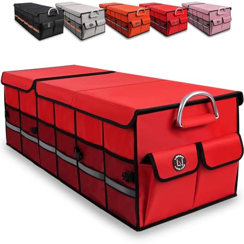 Big Car Trunk Organizer, Cargo Organizer SUV Trunk Storage Non Slip Bottom Waterproof Collapsible Durable Multi Compartments-(Oversize,Red)
