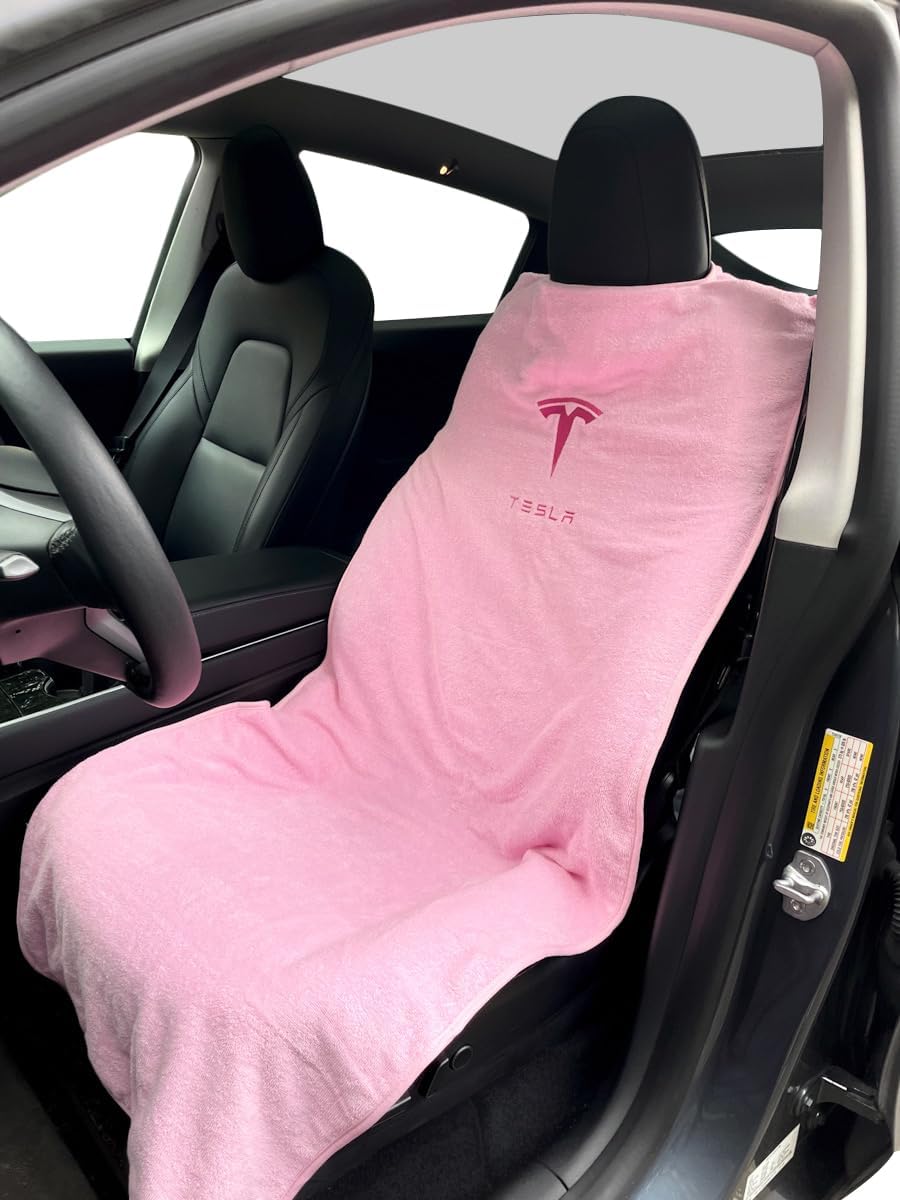 Compatible with Tesla Model Y/3/X/S Premium Towel Car Seat Cover - Waterproof & Machine Washable - Seat Protector for Dog, Pets, Sweat from The Gym (Pink)