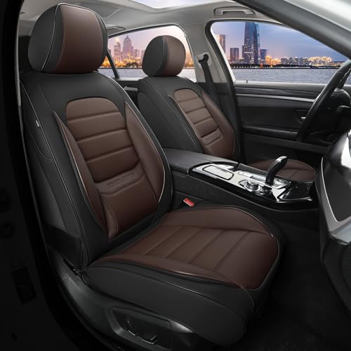 Car Seat Covers Full Set, 5 Seats Universal Leather Seat Covers for Cars, Waterproof Front and Rear Seat Cover, Breathable Automotive Seat Cover for Most Sedans, Trucks, SUVs, Black&Brown