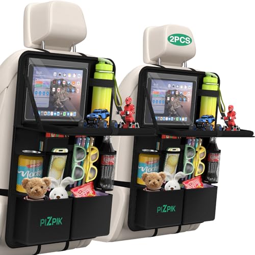 Car Backseat Organizer with Tablet Holder,11 Storage Pockets with Foldable Food Tray, Protector Kick Mats for Kids, Travel Accessories Organizer (Black, 2Pack)