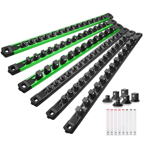 Magnetic Socket Organizer, 6-Piece Heavty Duty Aluminum Socket Holder, Socket Rail for Tool Box, Premium Quality 360 Swivel Socket Rack Kit with 80 Clips for 1/2, 3/8, 1/4-Inch(Black&Green)