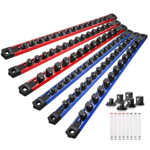 Magnetic Socket Organizer, 6-Piece Heavty Duty Aluminum Socket Holder, Socket Rail for Tool Box, Premium Quality 360 Swivel Socket Rack Kit with 80 Clips for 1/2, 3/8, 1/4-Inch(Red&Blue)