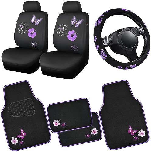 CAR PASS Universal Butterfly Car Seat Covers Front Set, Embroidered Flower Waterproof Car Floor Mats Carpet, Butterflies Steering Wheel Cover for Car Accessories Interior Sets (Black and Purple)