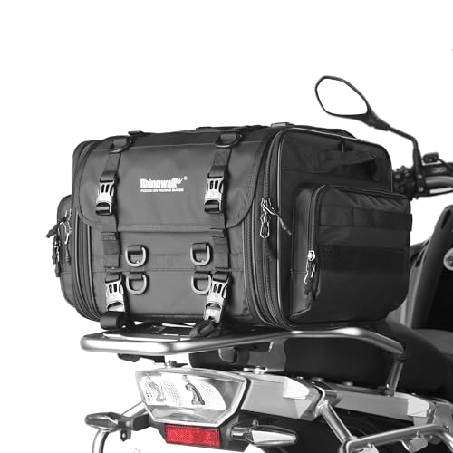 Rhinowalk Motorcycle Tail Bag, Expandable Motorcycle Travel Luggage Bags 33-45L, Waterproof All-Weather Trunk Rack Bag with Sissy Bar Straps & Helmet Rain Cover-Black