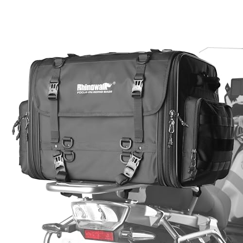 Rhinowalk Motorcycle Tail Bag, Expandable Motorcycle Travel Luggage Bags 80L, Waterproof All-Weather Trunk Rack Bag with Sissy Bar Straps & Helmet Rain Cover-Black