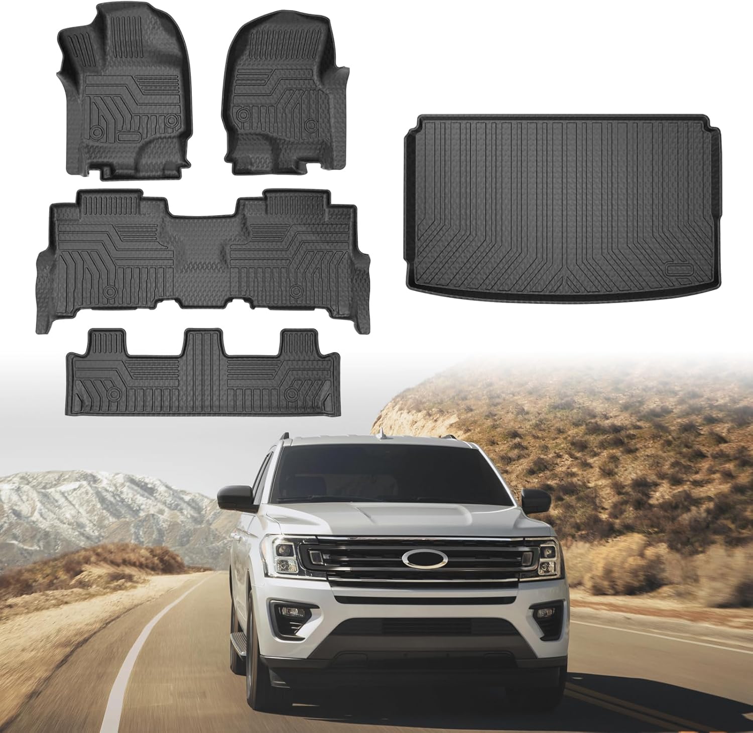 Mixsuper Cargo Liner Floor Mats for Ford Expedition Max/Lincoln Navigator L 2018-2024 Models 8-Seater with 2nd Row Bench Seat, All Weather Trunk Mat and 3 Row Floor Liners Set Black