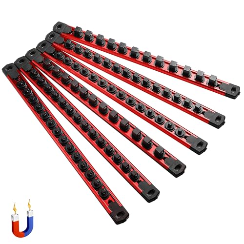 ALOANES 6-Piece Magnetic Socket Organizer, Heavy Duty Aluminum Socket Rails Organizer, 360 Swivel Clips Socket Holder Kit for Tool Box, 1/2, 3/8, 1/4-Inch Socket Holder x 80 Clips (Red)