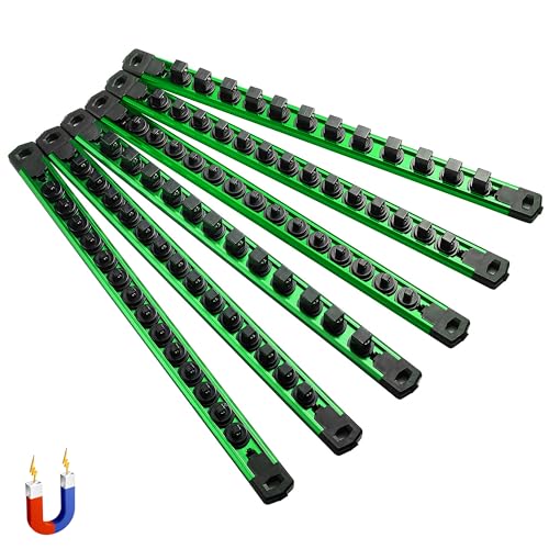 ALOANES 6-Piece Magnetic Socket Organizer, Heavy Duty Aluminum Socket Rails Organizer, 360 Swivel Clips Socket Holder Kit for Tool Box, 1/2, 3/8, 1/4-Inch Socket Holder x 80 Clips (Green)