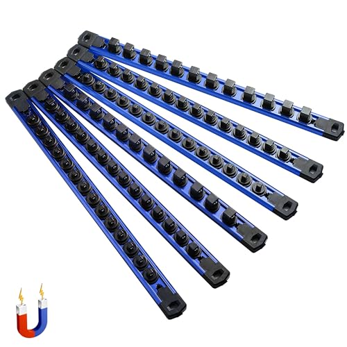 ALOANES 6-Piece Magnetic Rail Organizer, Heavy Duty Aluminum Rails, 360 Swivel Clips Socket Holder Kit for Tool Box, 1/2, 3/8, 1/4-Inch x 80 Clips (Blue)