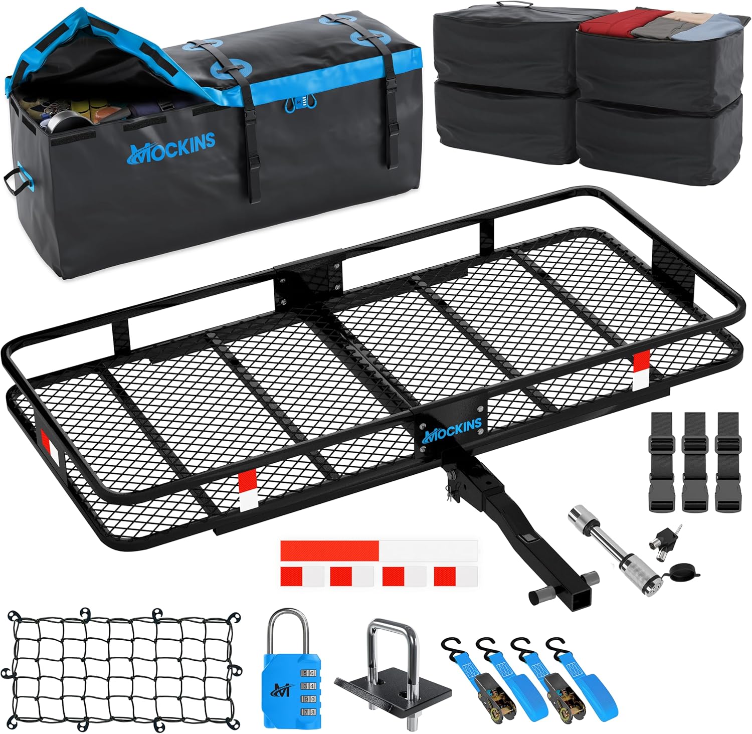 Mockins 60"x20"x6" Folding Trailer Hitch Cargo Carrier w/ 16 CuFt Waterproof Cargo Bag for Hitch Carrier & 4 Packing Cubes | 500 Lbs Cap Car Trailer Rack & Waterproof Truck Bed Storage w/Accessories