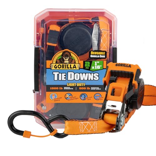 Gorilla Ratchet Tie Down Straps (2Pack) 1in x 16ft 1200lb Break Strength, Self-Locking Retractable, Heavy-Duty Orange Webbing, Gorilla-Grip Handles, Cap Locks, E-Coated Ratchets, Vinyl Hooks for Cargo