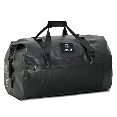 IRON JIA'S Motorcycle Dry Bag - Waterproof Duffle & Luggage Tail Bag Saddle Bags with Roll Top Closure, Shoulder Straps, Inner Pocket and Mesh Pocket (Black, 70L)