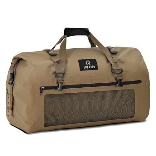IRON JIA'S Motorcycle Dry Bag - Waterproof Duffle & Luggage Tail Bag Saddle Bags with Roll Top Closure, Shoulder Straps, Inner Pocket and Mesh Pocket (Brown, 50L)