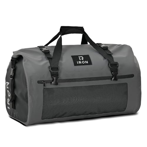 IRON JIA'S Motorcycle Dry Bag - Waterproof Duffle & Luggage Tail Bag Saddle Bags with Roll Top Closure, Shoulder Straps, Inner Pocket and Mesh Pocket (Grey, 50L)