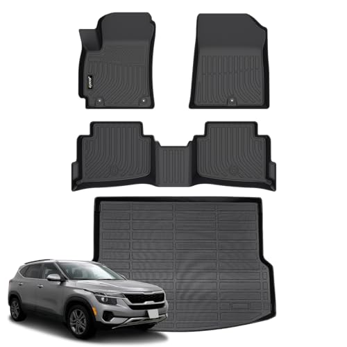 Jenofa-Car Floor Mats & Cargo Liner for 2020-2023 Kia Seltos (with Subwoofer) All Weather Mats Set Custom Fit Seltos S | LX | EX | SX Full Set Waterproof Durable Floor Liners Accessories Black