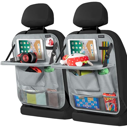 LUCMO Car Backseat Organizer with Tablet Holder-2 Pcs,6 Storage Pockets Car Storage Organizer with Foldable Food Tray Protectors Kick Mats Travel Accessories-Grey