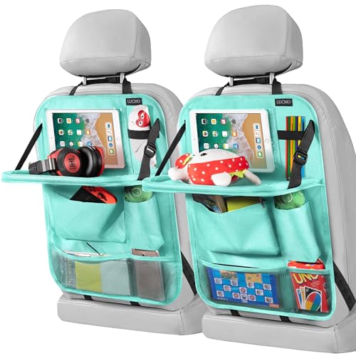 LUCMO Car Backseat Organizer with Tablet Holder-2 Pcs,6 Storage Pockets Car Storage Organizer with Foldable Food Tray,Protectors Kick Mats Travel Accessories-Light Blue