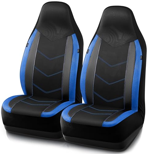 PIC AUTO Leather Car Seat Covers, Sports Carbon Fiber & Mesh Design, High-Back Two Front Set, Waterproof Automotive Seat Covers, Airbag Compatible, Universal Fit for Most Cars (Black & Blue)