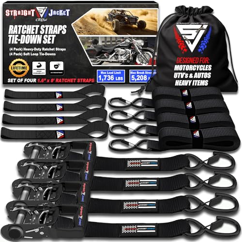 Ratchet Straps Tie Down Kit Incl. (4) Heavy Duty Rachet Tiedowns (1.6" x 8') with Coated S Hooks + (4) Soft Loop Tie-Downs (17") - 5,208 Total Break Strength by Straight Jacket Crew (Black)