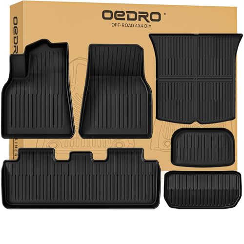 OEDRO Floor Mats Fits for Tesla Model Y 5-Seater 2025 2024-2020 Custom Fit All Weather TPE Automotive Interior Cargo Liners Trunk Mats Accessories for Model Y (NOT for Model Y Juniper) 6 Pcs Mats Set