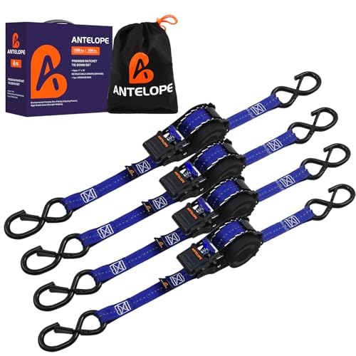 A ANTELOPE 4-Pack Auto Retractable Ratchet Strap Bundles 1" x 12', 1500 lbs Breaking Strength Each, Heavy Duty Tie-Down Straps for Securing Cargo, Weather Resistant Security S-Hooks (Blue)