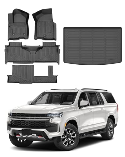 Powerty Floor Mats & Cargo Liner for 2021-2026 Chevy Suburban/GMC Yukon XL 8 Seats - 2 Row Liner Set & Rear Cargo Mat, All Weather TPE 3D