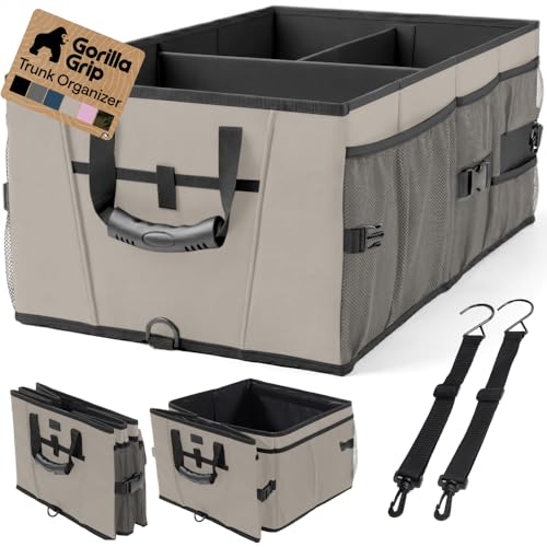 GORILLA GRIP Large Capacity Sturdy Trunk Storage Organizer, Slip and Water Resistant Collapsible Organization Container for Car Sedan or SUV, Multi Compartment Box Vehicle Accessories, Beige