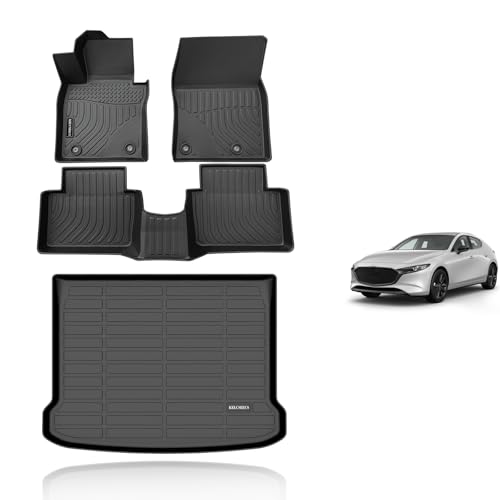 KELCSEECS Floor Mats & Cargo Liner Custom for Mazda 3 2025 2024 2023 2022 2021 2020 2019(Only Fits Hatchback Models)All Weather Protection TPE Floor Liners Front & Rear Row Full Set Accessories Black