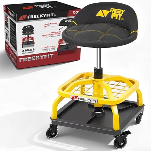 Rolling Shop Stool with Wheels, Garage Work Mechanic Stool with Backrest, Roller Mechanic Chair, Adjustable Height, 360 Swivel, Tool Tray Storage, 330 LBS Capacity, Heavy Duty, Yellow
